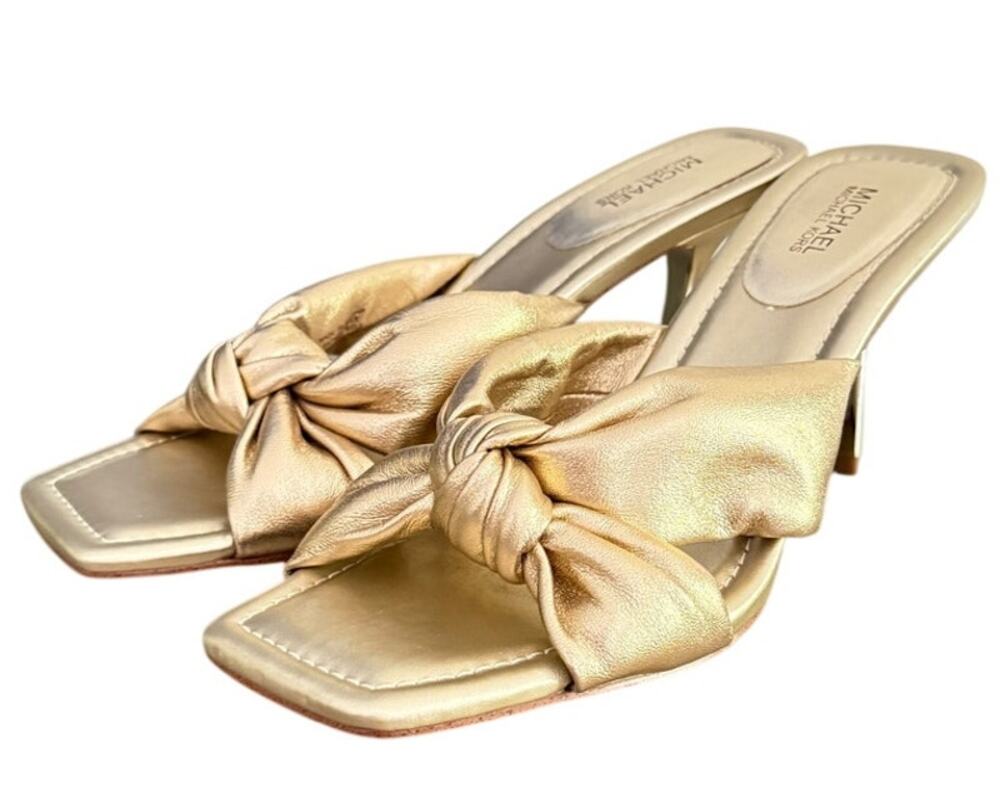 Michael Kors Metallic Gold Knot Bow Mule Heels Square Toe Size 8.5